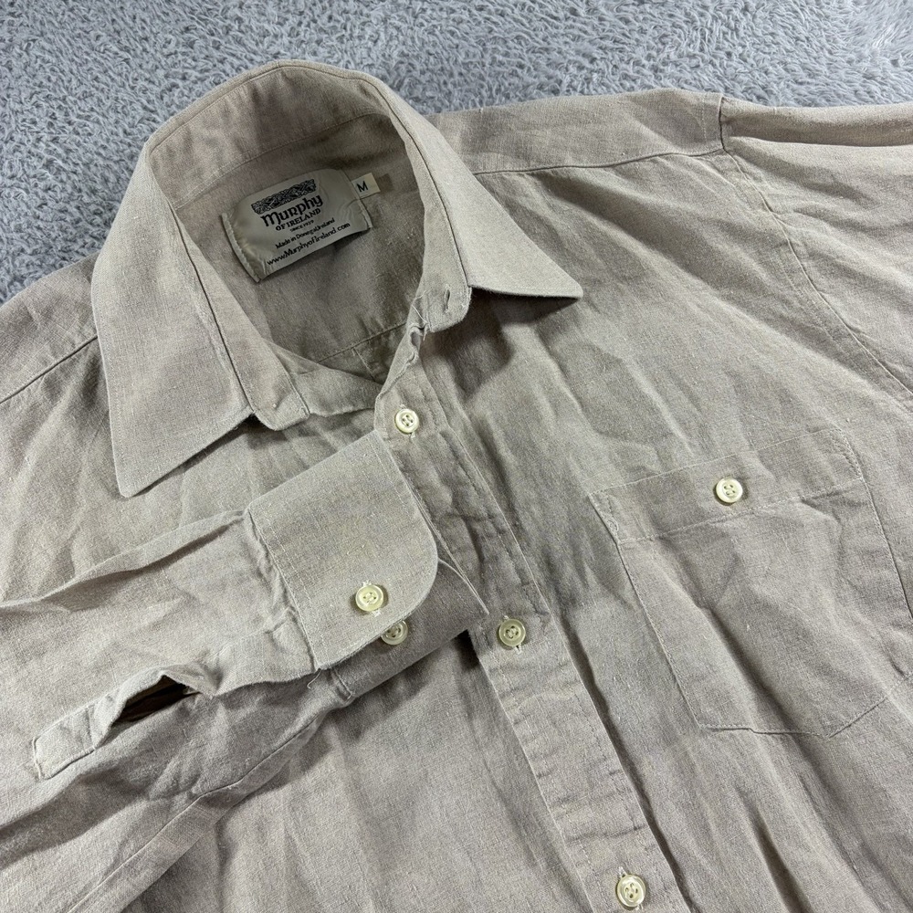 Murphy of Ireland Linen Shirt Mens Medium Ivory Beige Long Sleeve Pocket‎